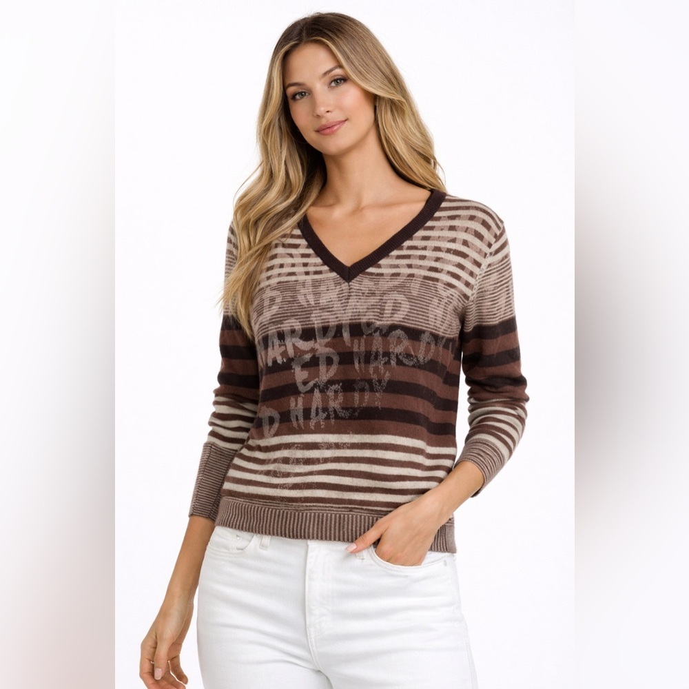 Ed Hardy Christian Audigier V-Neck Sweater Brown Beige Striped Wool Blend NWT